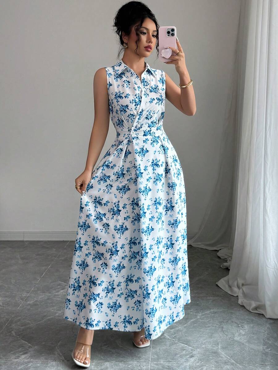 SHEIN LUNE 女式前扣领无袖动物豹纹口袋休闲连衣裙长款女装 - 藍色 - 查看 1