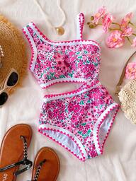 SHEIN Girls' One-Piece Swimsuit With Tiny Ditsy Floral And Ruffle Trim Summer Holiday