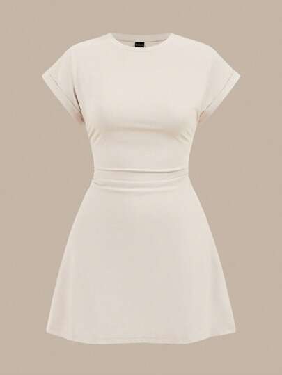 SHEIN BASICS 女式休闲纯色针织圆领短袖侧抽绳迷你连衣裙