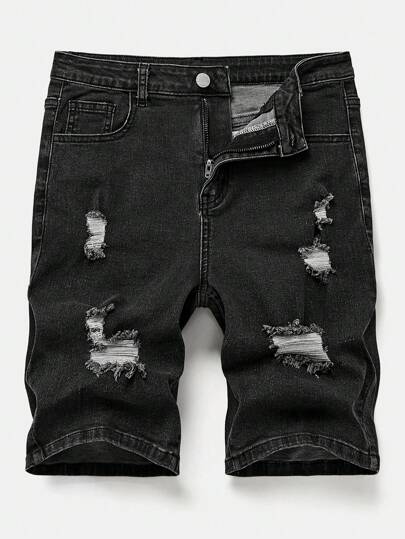 SHEIN 青少年男童时尚休闲复古镂空破洞磨边设计黑色舒适紧身牛仔短裤，适合青少年男童日常穿着，柔软舒适，也适合青少年男童春夏派对、音乐节和海滩穿着。