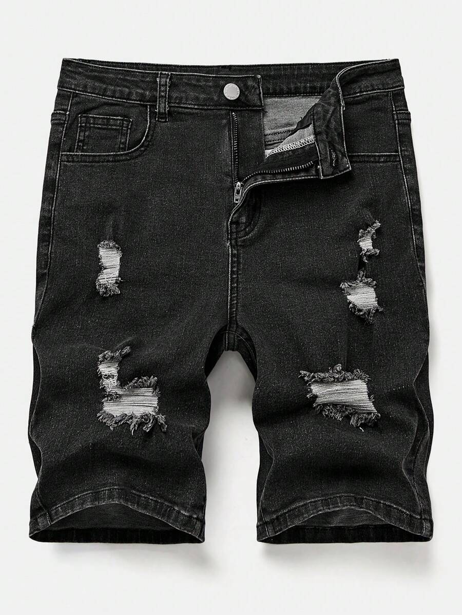 SHEIN Teen Boy Fashion Casual Vintage Cut Out Ripped Frayed Design Black Comfortable Tight Denim Boys Shorts For Teen Boy Clothes Boys Soft Dailywear And Teen Boy Summer And Spring Rave Outfits Festival And Beach Outfits Clothes