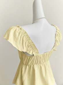 Elamini Blue Cute Ruffle Trim Cap Sleeve Sexy Low Neck Backless Cropped Camisole Top