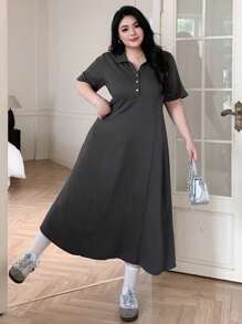Dazy Plus Solid Color Polo Collar Slim Fit Short Sleeve Casual Long Dress For Summer