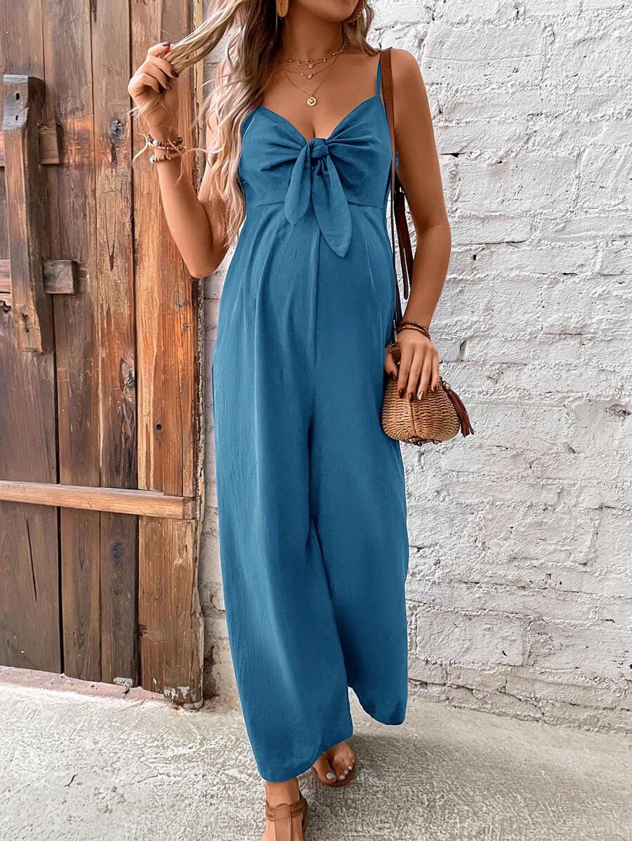 SHEIN 孕妇纯色细肩带无袖夏季连体裤 - 藍色 - 查看 1