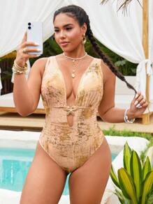 Slaydiva Plus Size Solid Color One-Piece Swimsuit, Simple Design For Women Casual, Summer Beach Vacation - Gold - View 4