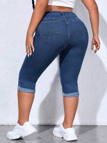 SHEIN CURVE+ Jeans de mezclilla casual con diseño de bigotes de gato para tallas grandes