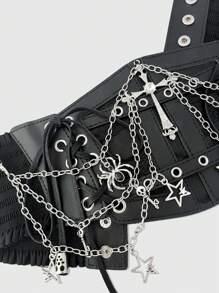 ROMWE Goth 1 件女式黑色蕾丝链骷髅十字丝带装饰哥特风格弹性腰带，哥特式万圣节服装配饰 - 黑色 - 查看 2