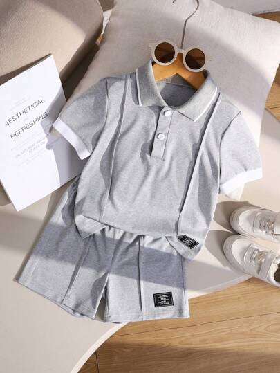 2件套男童休闲贴花图案Polo衫套装