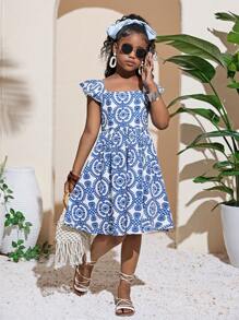 SHEIN Leap Crew Tween Girls' Bowknot Back Cap Sleeve Print Dress, Suitable For Vacation, Beach - Blue - View 2