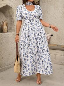 Flirla Plus Size Women's Elegant Casual Blue & White Floral V-Neck Tie-Waist Babydoll Maxi Dress, French Style, Suitable For Commute, Holiday, Afternoon Tea, With Puff Sleeves & Ruffled Skirt, Spring/Summer - Multicolor - View 1