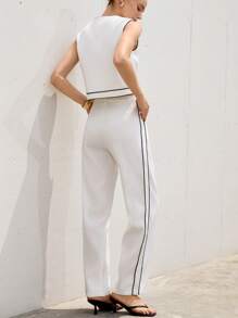 Aveloria Modichic Premium Women's White Crew Neck Vest, Contrast Striped Blazer & Straight-Leg Pants Suit, Business Attire - Black and White - View 2