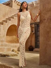 Swim Chiccia Women's Solid Color Hollow Out Backless Sleeveless Crochet Maxi Dress Swimwear Cover Up, Summer