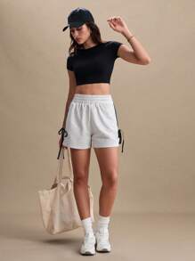 SHEIN Sports Quần short thể thao thường ngày rộng rãi có cạp chun tương phản trang trí nơ cho nữ, Xuân/Hè - Màu Xám nhạt - Xem 4