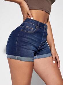 SHEIN Essnce Shorts en mezclilla con cremallera bajo doblado