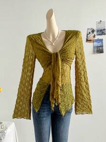 Soleia Áo cánh tay dài bằng vải kết cấu, cổ chữ V, thắt eo, tay loe, mặc ngày lễ thường ngày - màu xanh lá - Xem 6