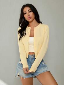 SHEIN PETITE 女士纯色单排扣休闲短款开衫，奶油黄色秋冬上衣 - 黃色 - 查看 4