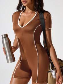 Hanevo Women's Contrast Trim Fitted Short Sleeve Jumpsuit, Summer Sportwear For Daily Wear - Coffee Brown - View 6