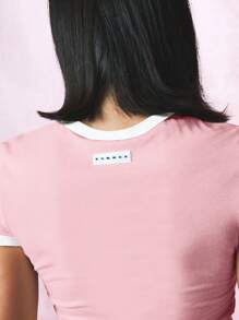 SUMWON WOMEN The Original Logo Cropped Ringer T-Shirt Retro 90s Style Summer Festival Top Baby Tee Y2K Fashion Fitted Basic Tee Essential Streetwear Casual - Baby Pink - View 5