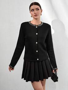 CLARA VERO New Arrival Autumn Women Rhinestone Embellished Short Cardigan Knit Top - Black - View 1