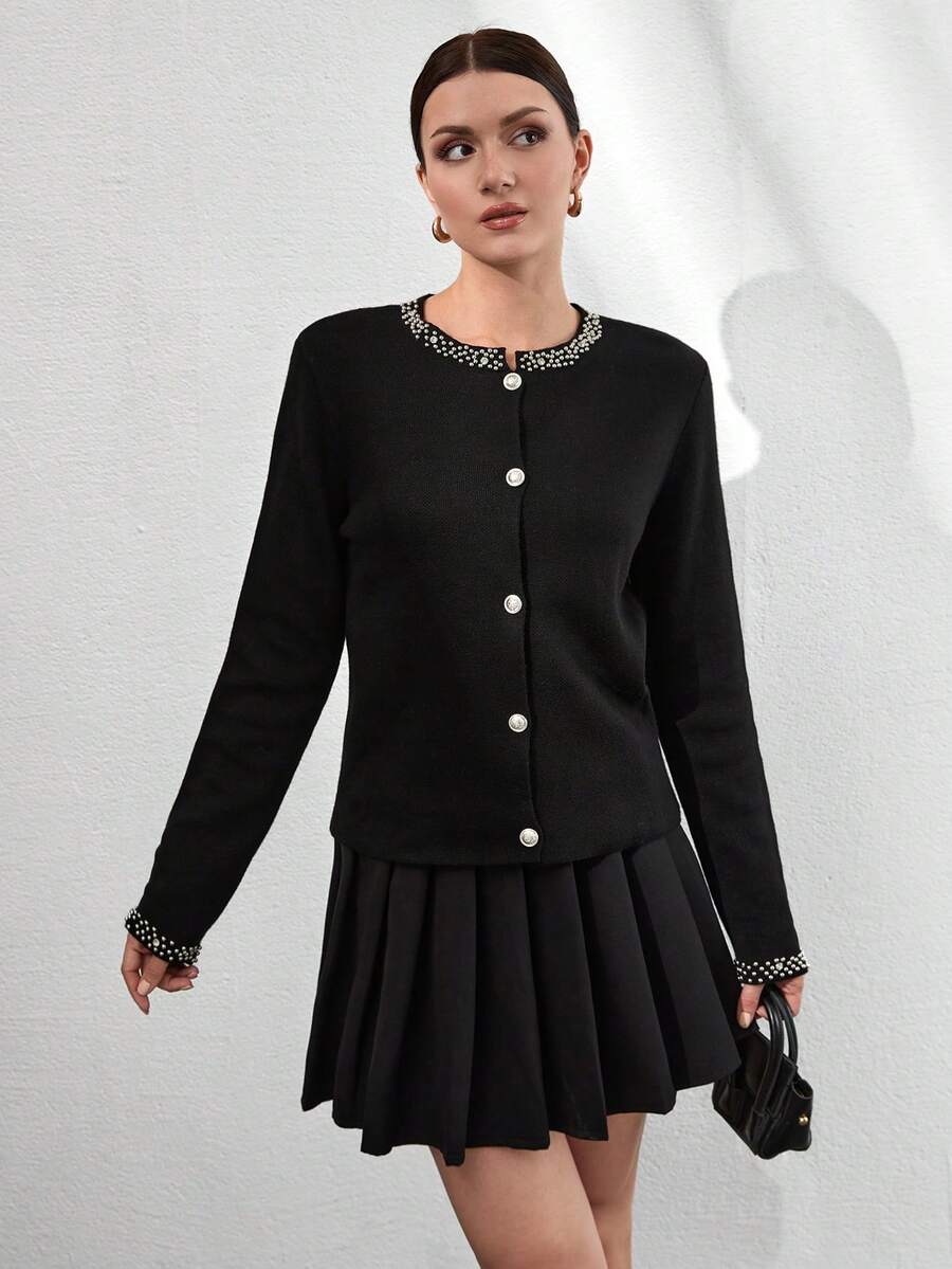 CLARA VERO New Arrival Autumn Women Rhinestone Embellished Short Cardigan Knit Top - Black - View 1