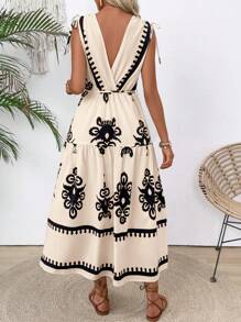 SHEIN Unity V-Neck Tie Front Printed Maxi Dress, Beach Vacation Women's Wear With Ruched Shoulder Tie Design - Apricot - View 2