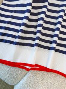 Franclia 女式休闲条纹V领拼色短袖针织上衣 - 寶藍色 - 查看 6