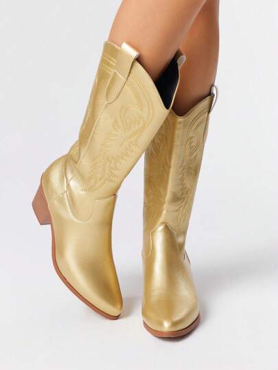 Goth Women's Cowboy Boots With Embroidery Decor, Pointed Toe, Chunky Heel, Fashion Western Boots, Spring/Autumn