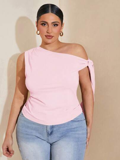 SHEIN BAE Blusa negra asimétrica y hombros descubiertos para mujer talla grande, adecuada para ir al trabajo, citas, tomar el té por la tarde, San Valentín, verano, cumpleaños, eventos formales, fiestas, con volantes, blusas para salir