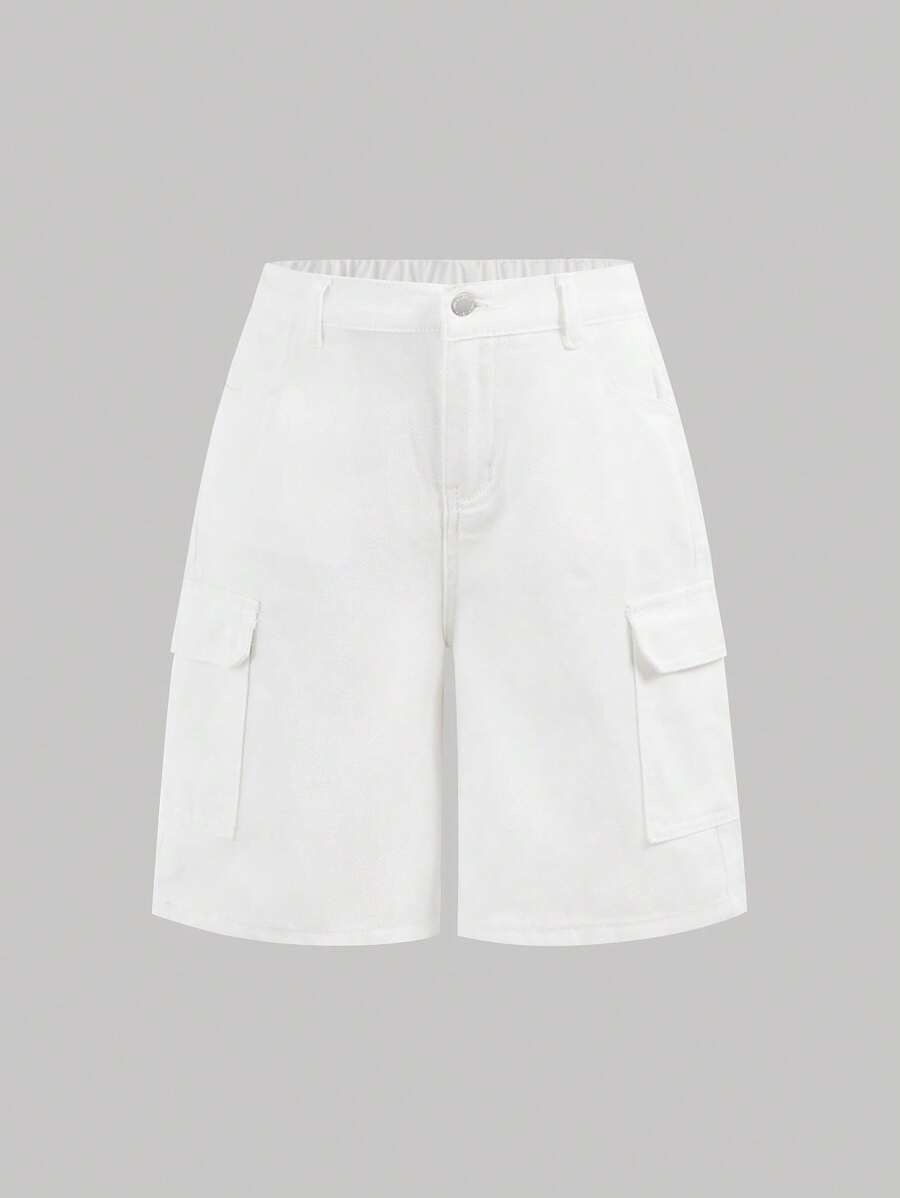 SHEIN Girlism Tween Girl Y2K 纯色宽松休闲牛仔工装短裤，夏季服装 - 白色 - 查看 1