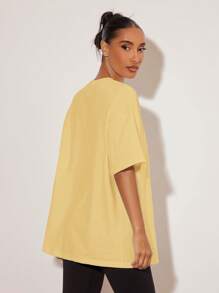 SHEIN BASICS 女士休闲简约纯色圆领落肩短袖T恤，夏季 - 黃色 - 查看 2