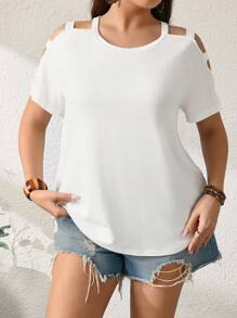 EMERY ROSE Plus Size Women Solid Hollow-Out Short Sleeve Casual T-Shirt, Spring And Summer