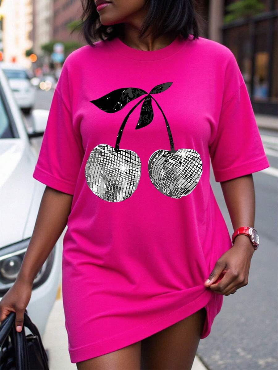 Maweii Plus Size Cherry Print Casual Round Neck Short Sleeve T-Shirt, Summer - Hot Pink - View 1