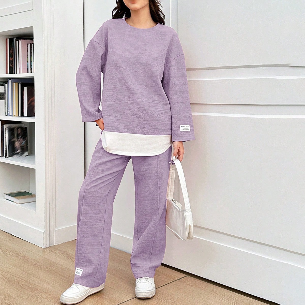 Conjunto de top de manga larga con cuello redondo, tejido de parches, textura tejida, para adolescentes, en color púrpura, para tiempo libre, viajes,