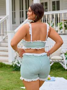 Swim Mod 2pcs/Set Plus Size Women's Green Plaid & Random Floral Print Bow Collar Ruffle Hem Top And Shorts Set, Cute Simple Style Camisole Bikini For Summer Beach Vacation