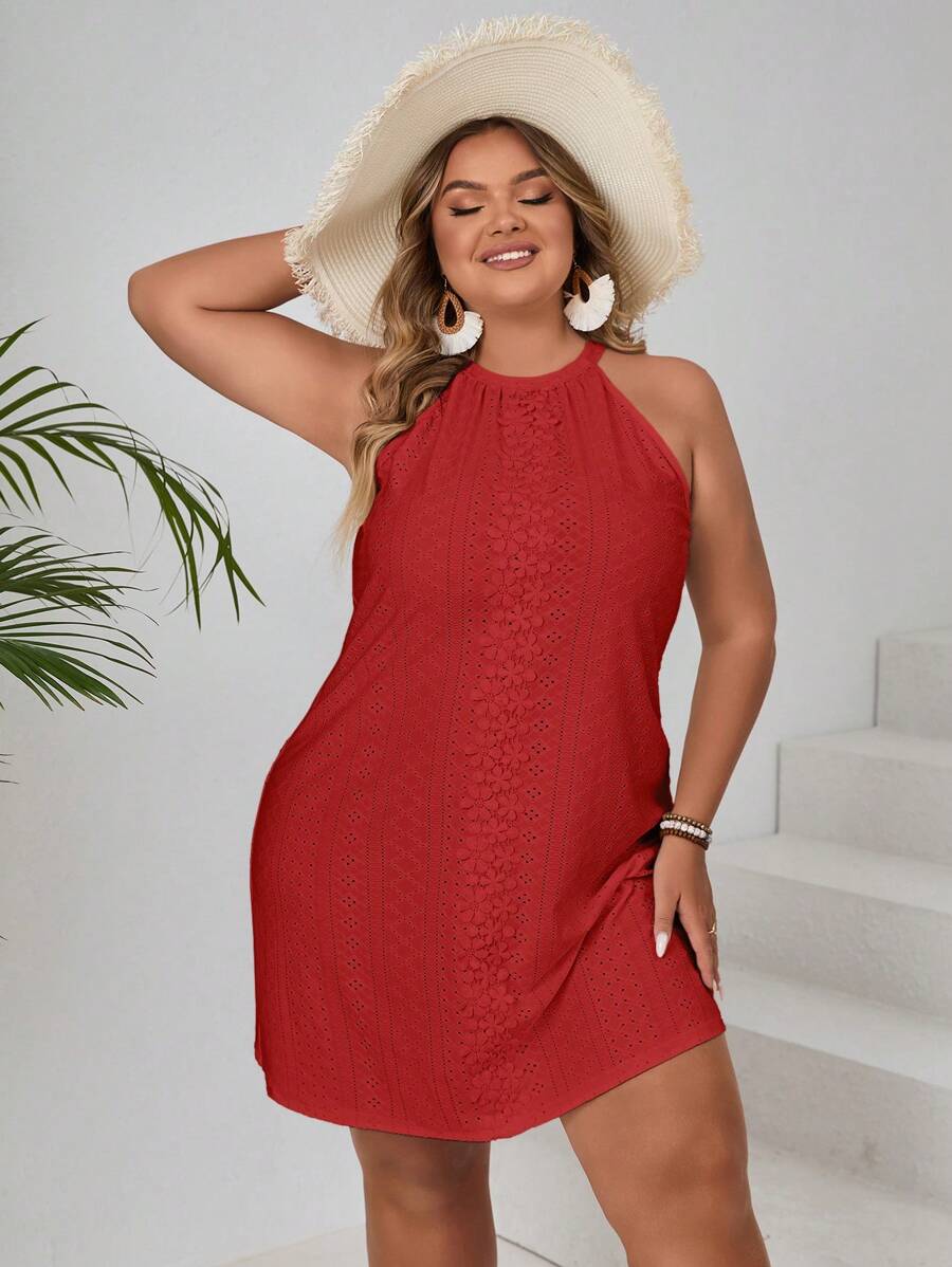 SHEIN VCAY 大码女式沙滩风系带刺绣休闲连衣裙 - 紅色 - 查看 1