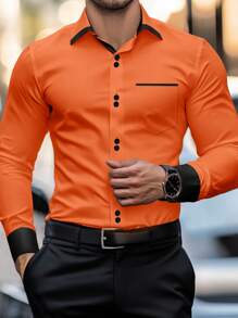 Manfinity Mode Men's Solid Color Buttoned Pocket Long Sleeve Casual Shirt, For Fall - Orange - View 3