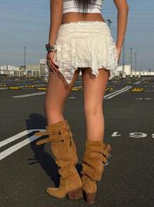 Teen Girls Lace Hem Ruched Asymmetrical Hem Skirt, Built-In Faux Sheer Shorts Lining