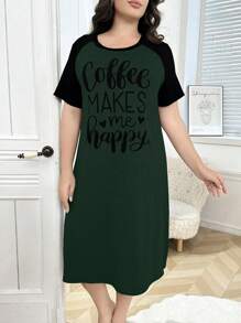 SHEIN Áo ngủ tay raglan in chữ cỡ lớn màu tương phản thường ngày - màu xanh lá - Xem 6