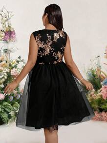 Bellastra Plus Size Women Sequin V-Neck Puff Mesh Panel Dress - Multicolor - View 2