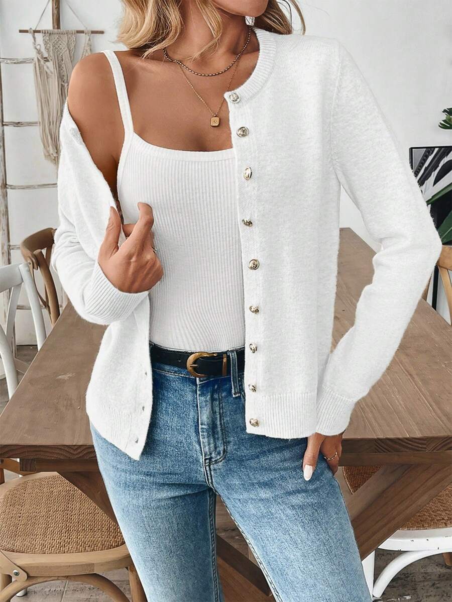 EMERY ROSE 女式纯色前开式休闲长袖白色开衫