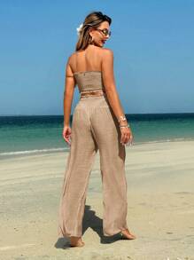 Swim Vcay 2件套女士夏季纯色褶皱抹胸+阔腿裤沙滩罩衫套装 - 卡其色 - 查看 3
