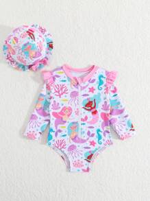 Newborn Swimsuit, Mermaid Print, Knit Fabric, Ruffled Edges, One-Piece Swimwear, With Hat, Girls, Fashion Leisure, Refined, Suitable For Swimming, Vacation, Summer Tropical Baby Clothes Baby Girl Clothes Beach Baby Beach Clothes Baby Girl Beach Clothes Swim Clothes For Baby Girl