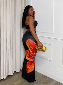Slaydiva 2pcs 2025 New Summer Beach Holiday Everyday Sexy Cropped Tube Top + Floral Print Skirt Women Suits,Summer Sets