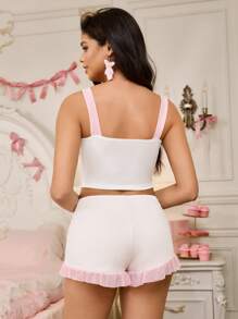 SHEIN 2pcs Women Sweet Floral Net Splice Pajama Set - White - View 2