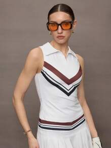 Activina Activina Polo sport casual da donna con blocchi di colore e righe, senza maniche
