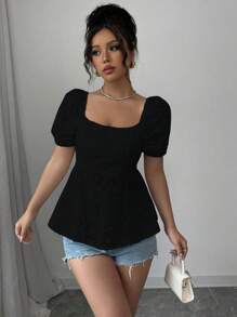 Rafferiza Áo sơ mi dài tay khoét lỗ màu trơn đơn giản mùa hè cho nữ - màu đen - Xem 6