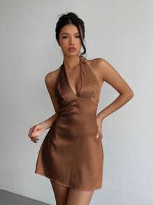 Aloruh Women's Neck Tie Elegant Mini Dress