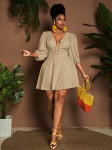 Maweii Plus Size Women's Summer Solid Deep V-Neck Lantern Sleeve Sexy Rompers - Apricot - View 3