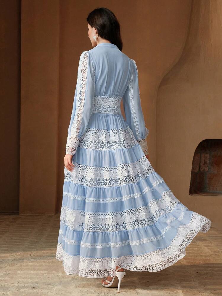 Women's Elegant Lace Patchwork Maxi Dress, French Vintage Style, Suitable For Spring, Festival, Holiday