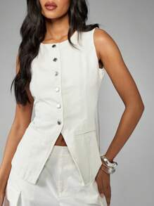 MISSGUIDED 无袖牛仔背心，正面纽扣，实用背心，后背带饰有经典四季外套，现代风格，修身版型 - 白色 - 查看 1